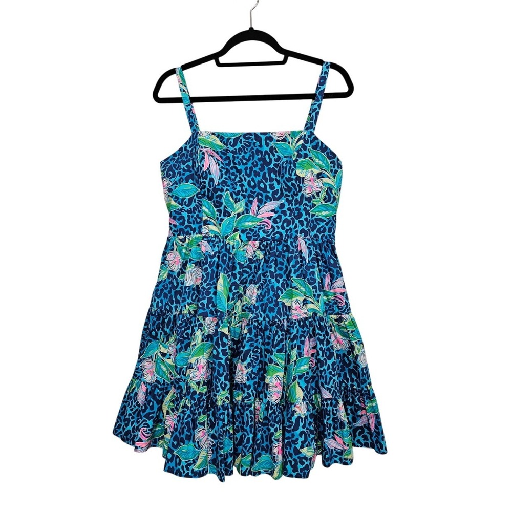 Lilly Pulitzer Alision Dress 12 Formetra Cheetah Blue Floral Tiered Mini Girly ~
